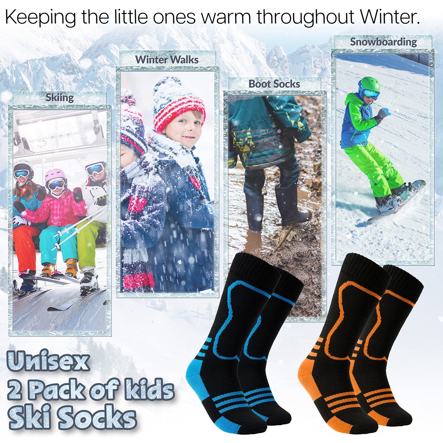 CityComfort Barnskidstrumpor i multipack, varma sportstrumpor, långa termostrumpor för skidåkning, snowboard, vandring och andra utomhusaktiviteter