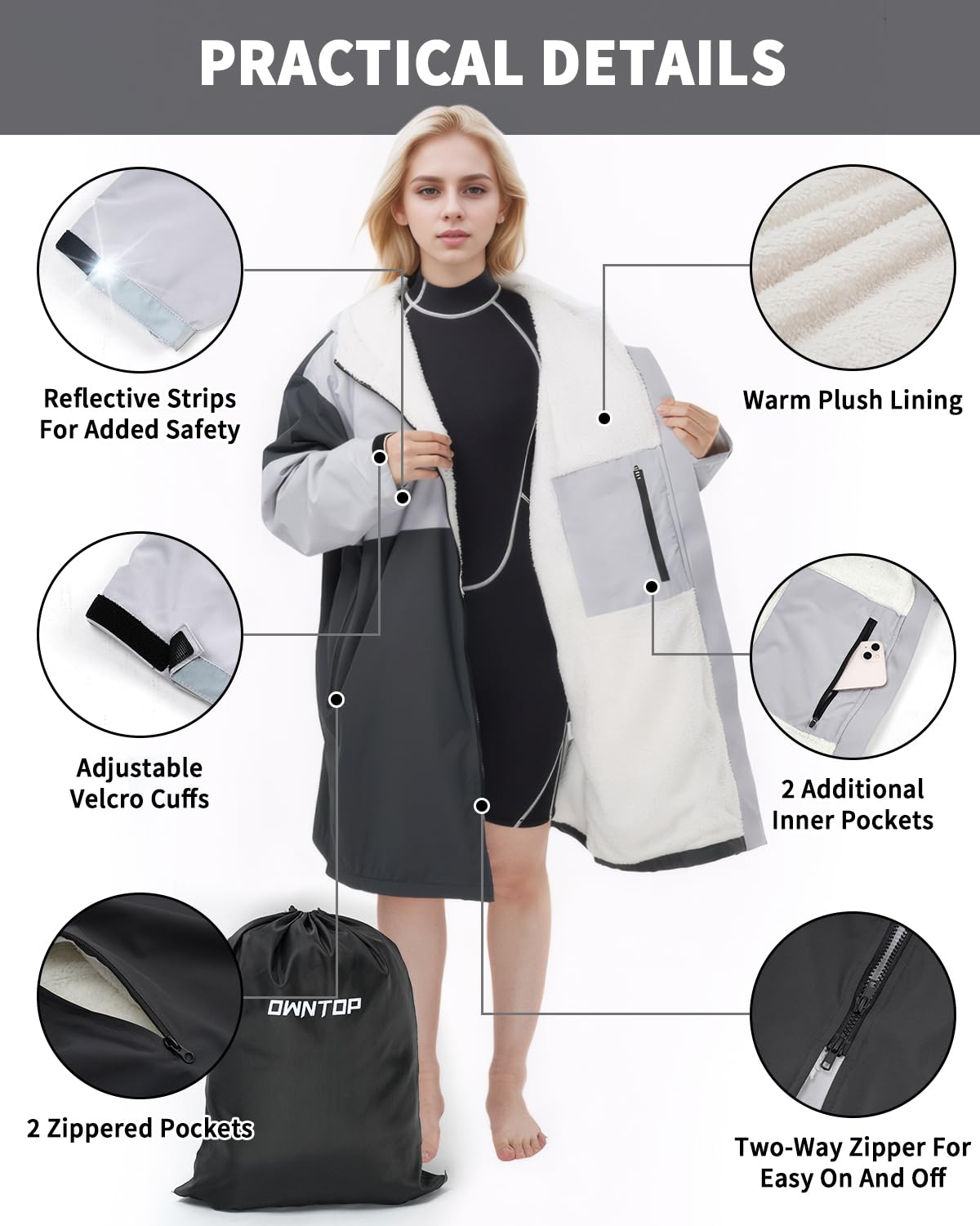 Owntop vattentät omlottrock för vuxna barn, vindtät överdimensionerad Changing rock utbytbar rock med plyschfodrad för strand surfing simning promenader