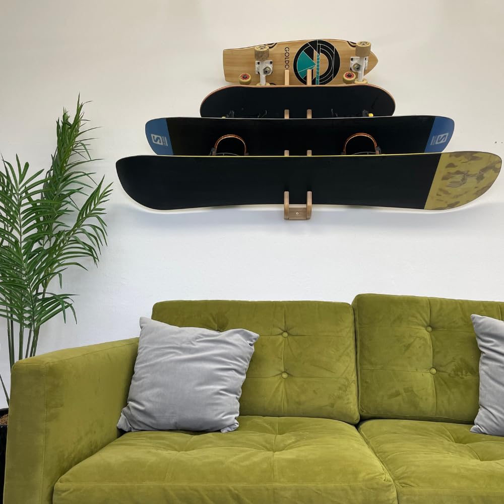 COR Surf skateboard wall mount display 4 boards | Snowboard Wall Storage Bracket can accommodate 4 boards made with durable bamboo 4 boards indoor wall rack for snow and skate