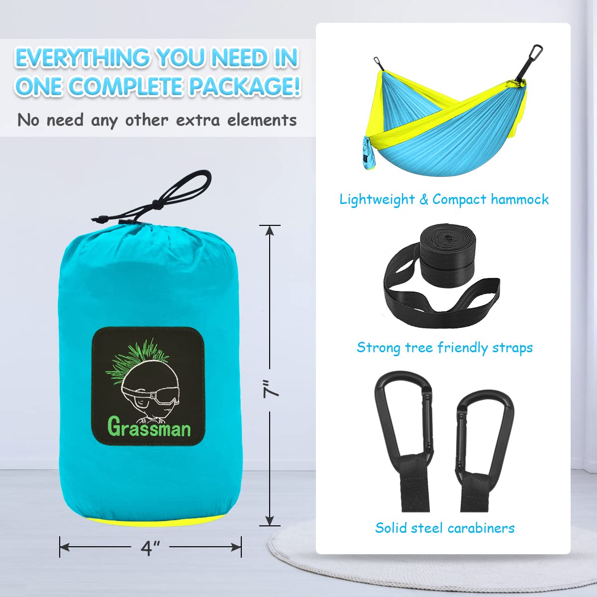 Grassman Liten hängmatta för barn camping bärbar hängmatta för pojkar flickor pojkar ultralätt ryggsäck mini hängmattor med remmar ett paket himmelsblå