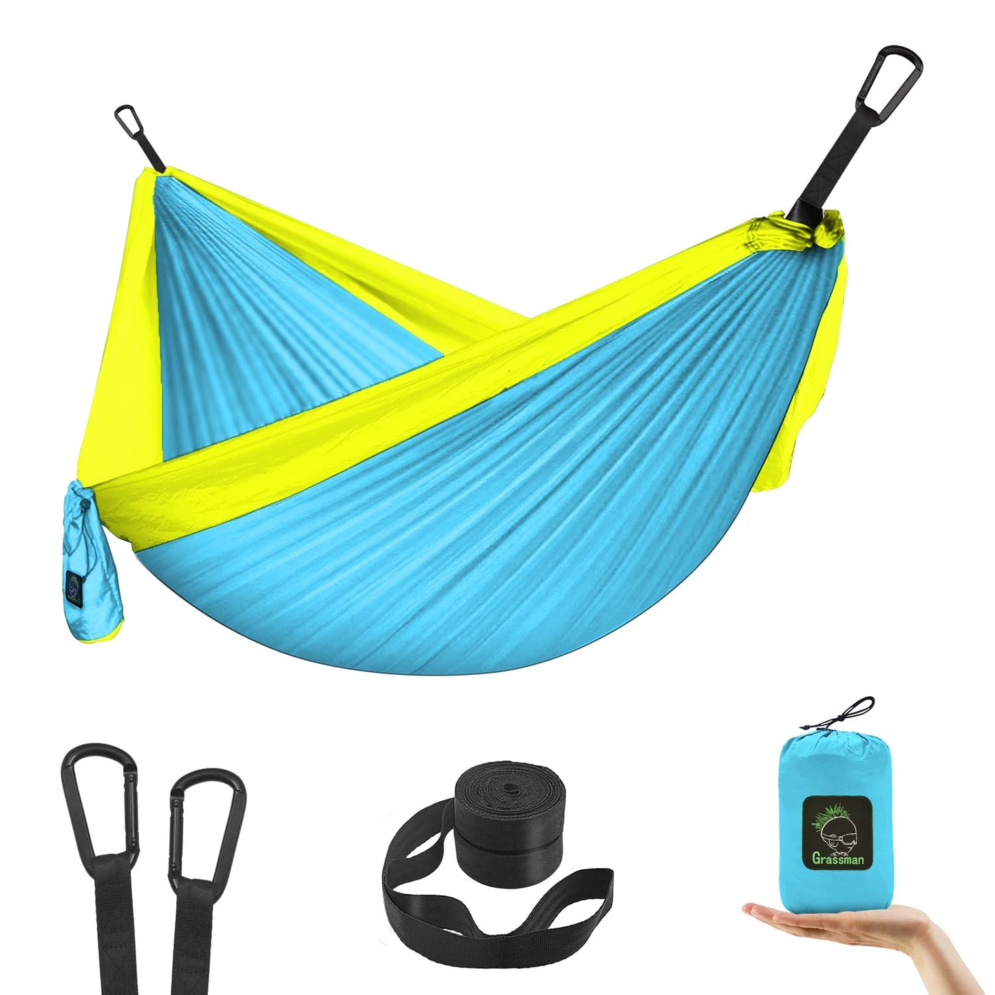 Grassman Liten hängmatta för barn camping bärbar hängmatta för pojkar flickor pojkar ultralätt ryggsäck mini hängmattor med remmar ett paket himmelsblå