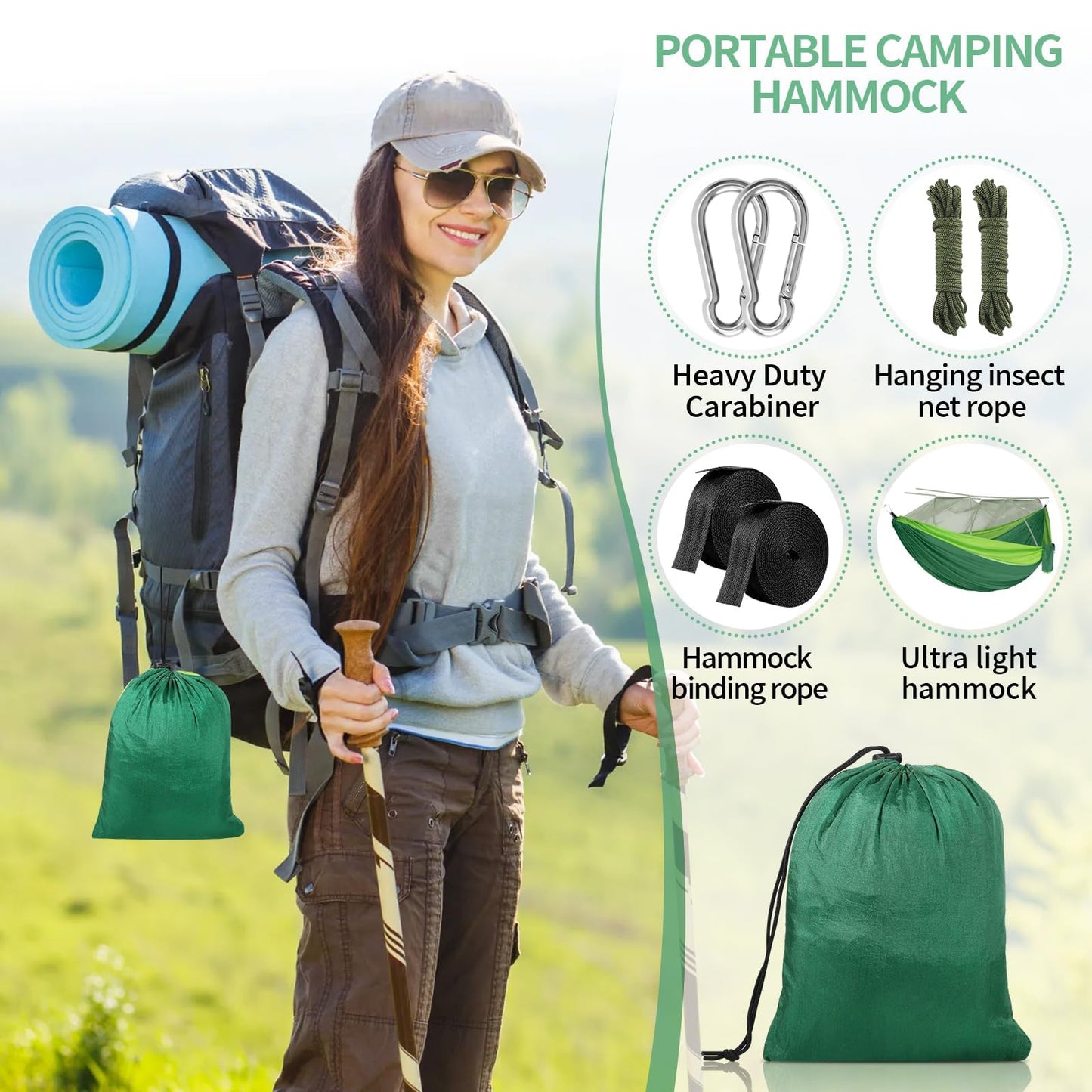 CIRULLI Hängmatta med myggnät – 260 x 140 cm, 300 lb lastkapacitet, ultralätt och robust, bärbar fallskärm hängmatta dubbel nylon, hängmatta utomhus för camping och trädgård, hammock inklusive hängset