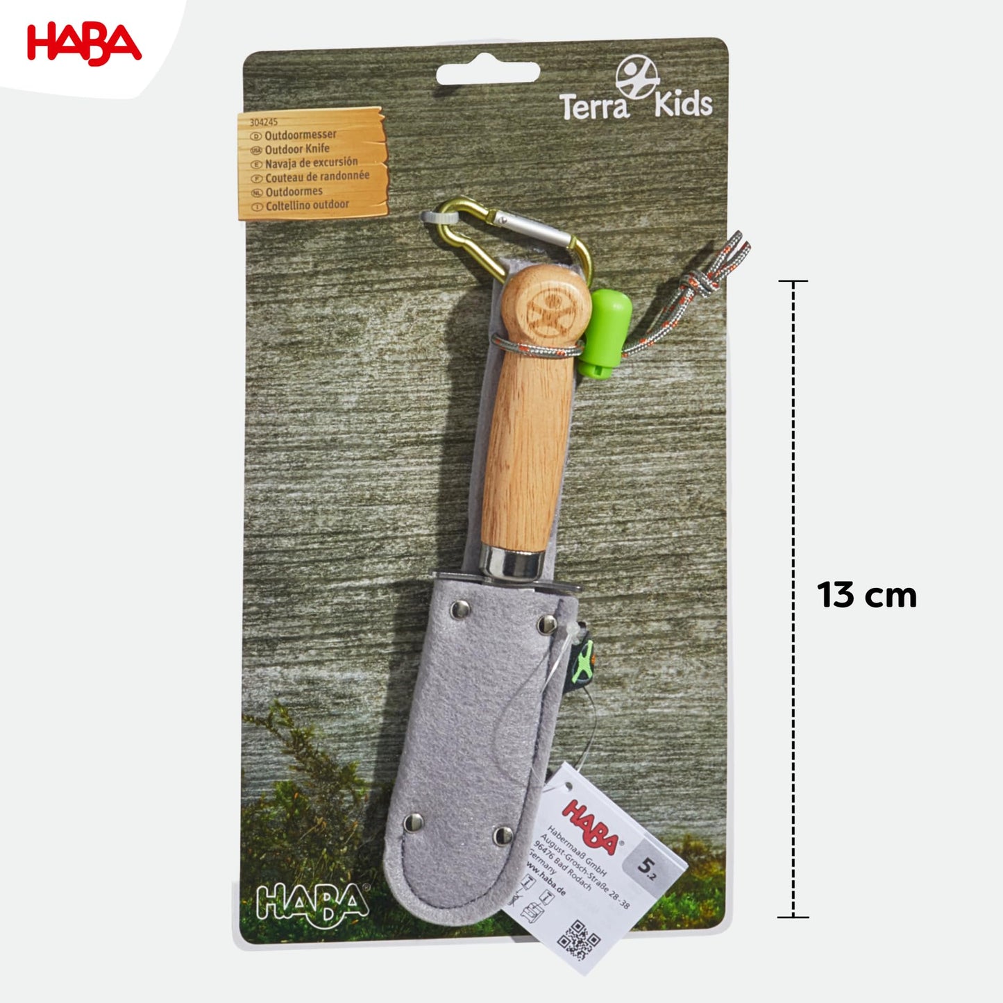 HABA 304245 Terra Kids utomhuskniv, ergonomisk fritid och snidkniv, fast blad av rostfritt stål, transparent