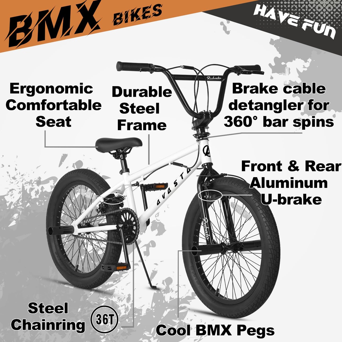 AVASTA 20-Tums Freestyle Ungdoms-BMX Cykel Barncykel För 6 7 8 9 10 11 12 13 14 År Gamla Pojkar Flickor Unga Vuxna Och Nybörjarnivåcyklare Med 4 Pinnar, 360-Graders Gyro, Vit