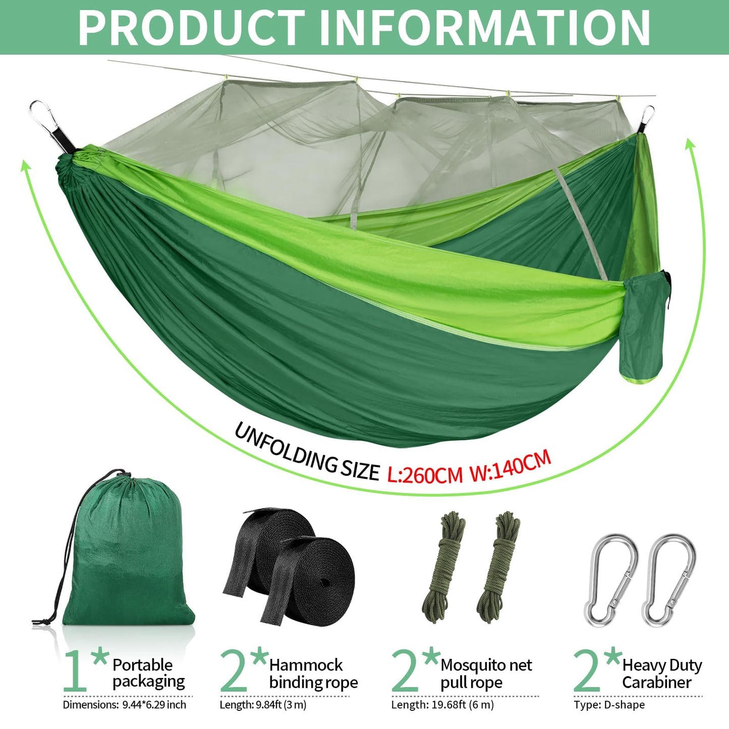 CIRULLI Hängmatta med myggnät – 260 x 140 cm, 300 lb lastkapacitet, ultralätt och robust, bärbar fallskärm hängmatta dubbel nylon, hängmatta utomhus för camping och trädgård, hammock inklusive hängset