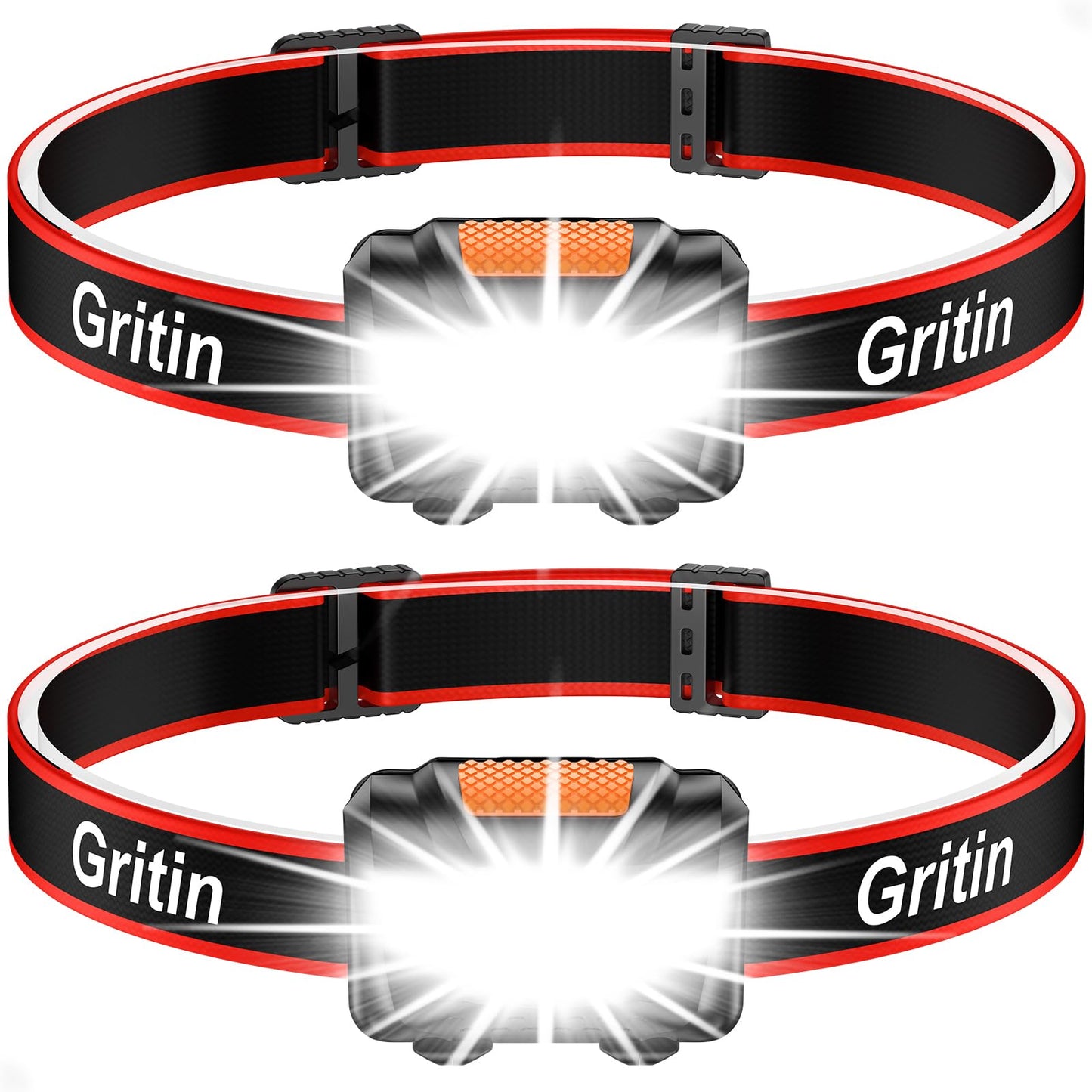Gritin LED Pannlampa, [2 Pack] Superljusa COB Strålkastare med 3 Lägen, Lätt och Justerbar Vattentät Huvudlampa för Löpning, Camping, Fiske, Cykling, 6 x AAA Batterier Ingår.