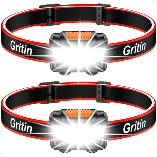 Gritin LED Pannlampa, [2 Pack] Superljusa COB Strålkastare med 3 Lägen, Lätt och Justerbar Vattentät Huvudlampa för Löpning, Camping, Fiske, Cykling, 6 x AAA Batterier Ingår.