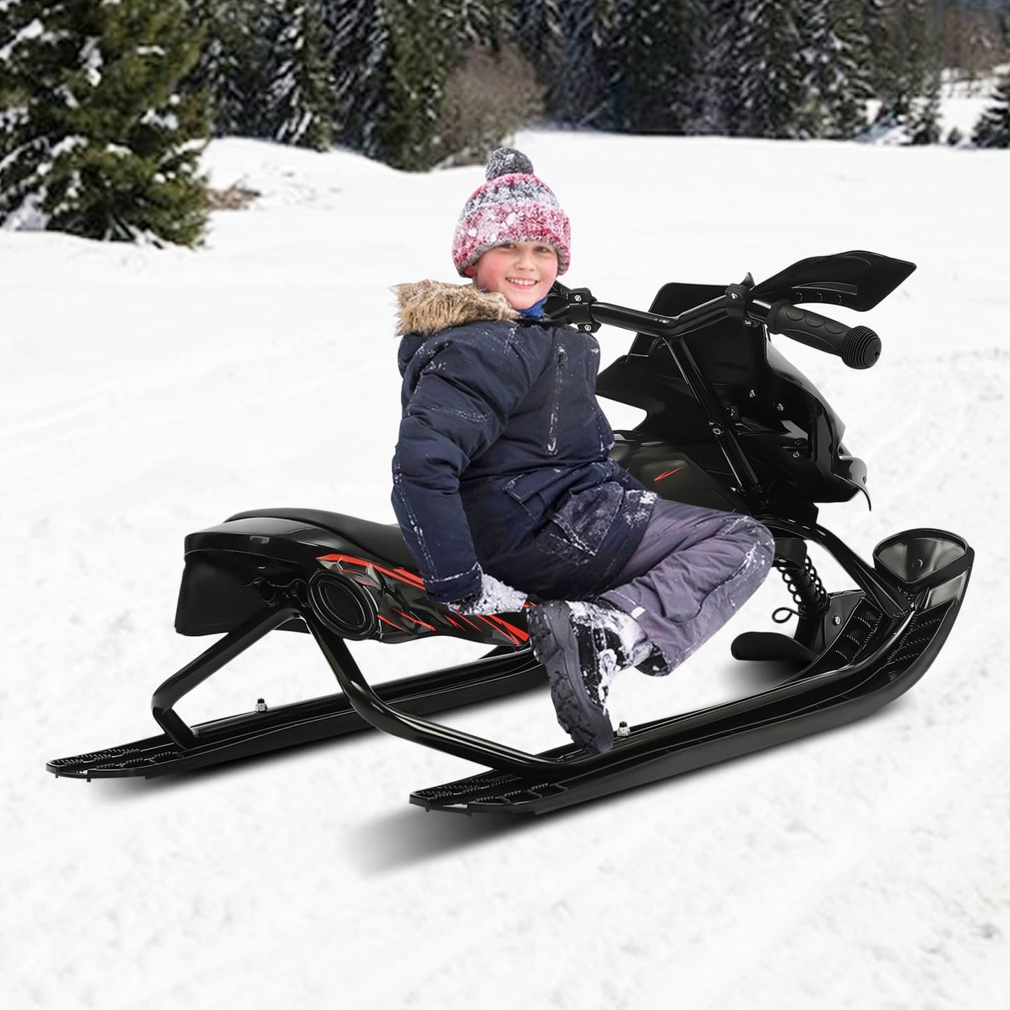 Släde, barnsläde med fotbromsar och dragrep, lastkapacitet 80 kg, justerbar kudde, snösläde för barn från 3 år