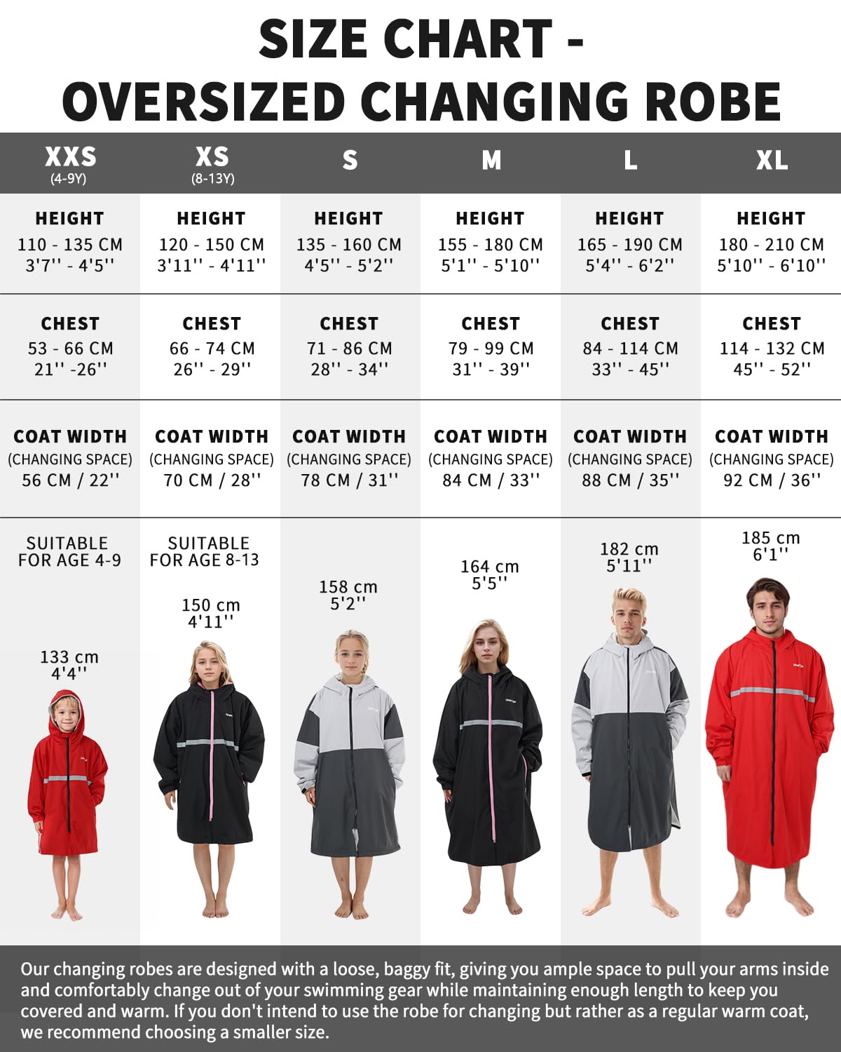 Owntop vattentät omlottrock för vuxna barn, vindtät överdimensionerad Changing rock utbytbar rock med plyschfodrad för strand surfing simning promenader