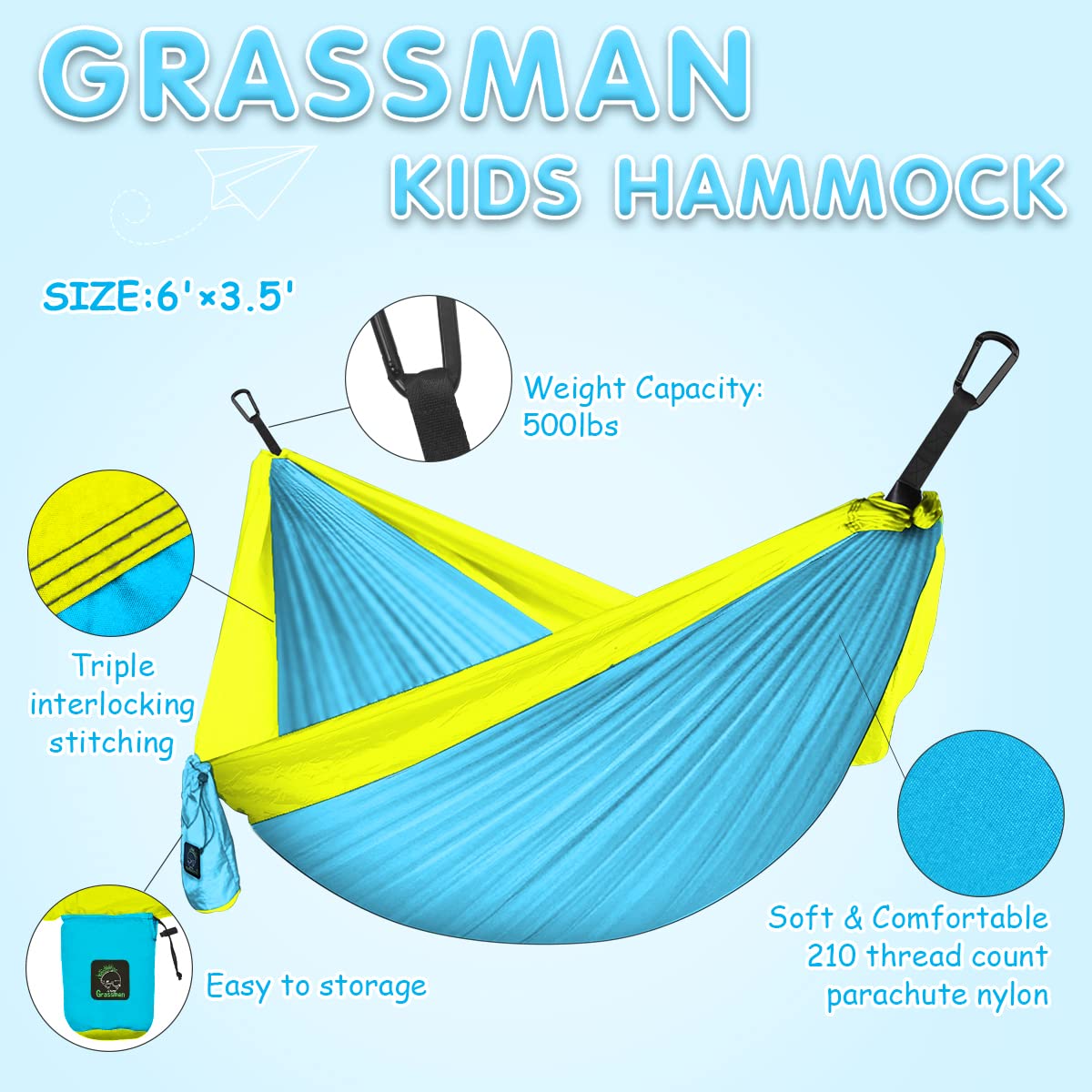 Grassman Liten hängmatta för barn camping bärbar hängmatta för pojkar flickor pojkar ultralätt ryggsäck mini hängmattor med remmar ett paket himmelsblå