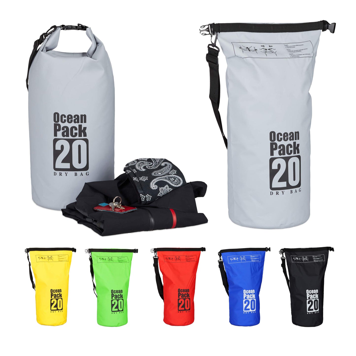 Relaxdays Ocean Pack, 20 l, vattentät, packsäck, lätt torrväska, torrväska, segling, skidåkning, snowboard, färg