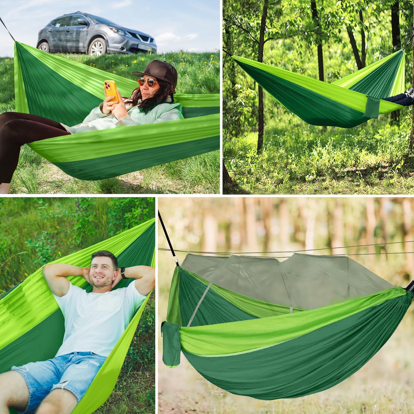 CIRULLI Hängmatta med myggnät – 260 x 140 cm, 300 lb lastkapacitet, ultralätt och robust, bärbar fallskärm hängmatta dubbel nylon, hängmatta utomhus för camping och trädgård, hammock inklusive hängset