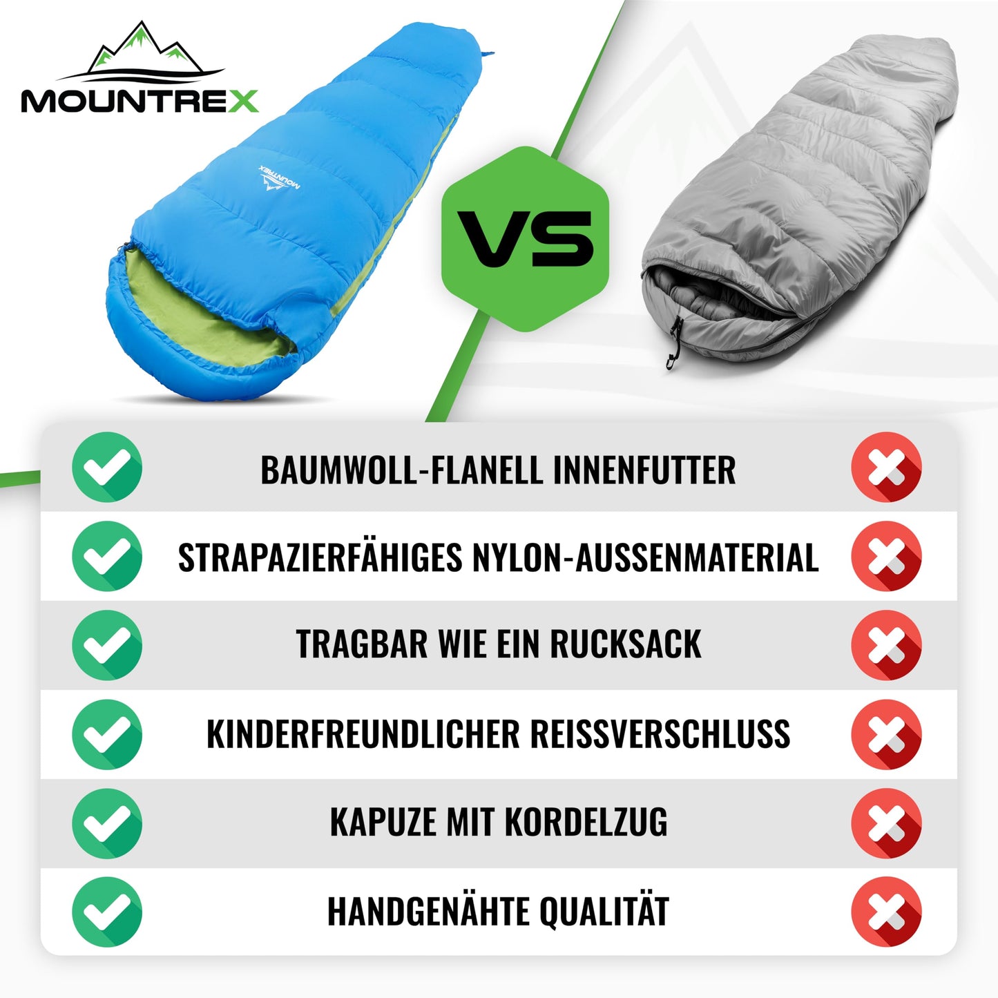 MOUNTREX® Barnsovsäck – bärbar som en ryggsäck – sovsäck för barn (175 x 70 x 45 cm) – utomhus, resor, camping, camping – mumie-sovsäck lätt och kompakt – 100 % bomull foder