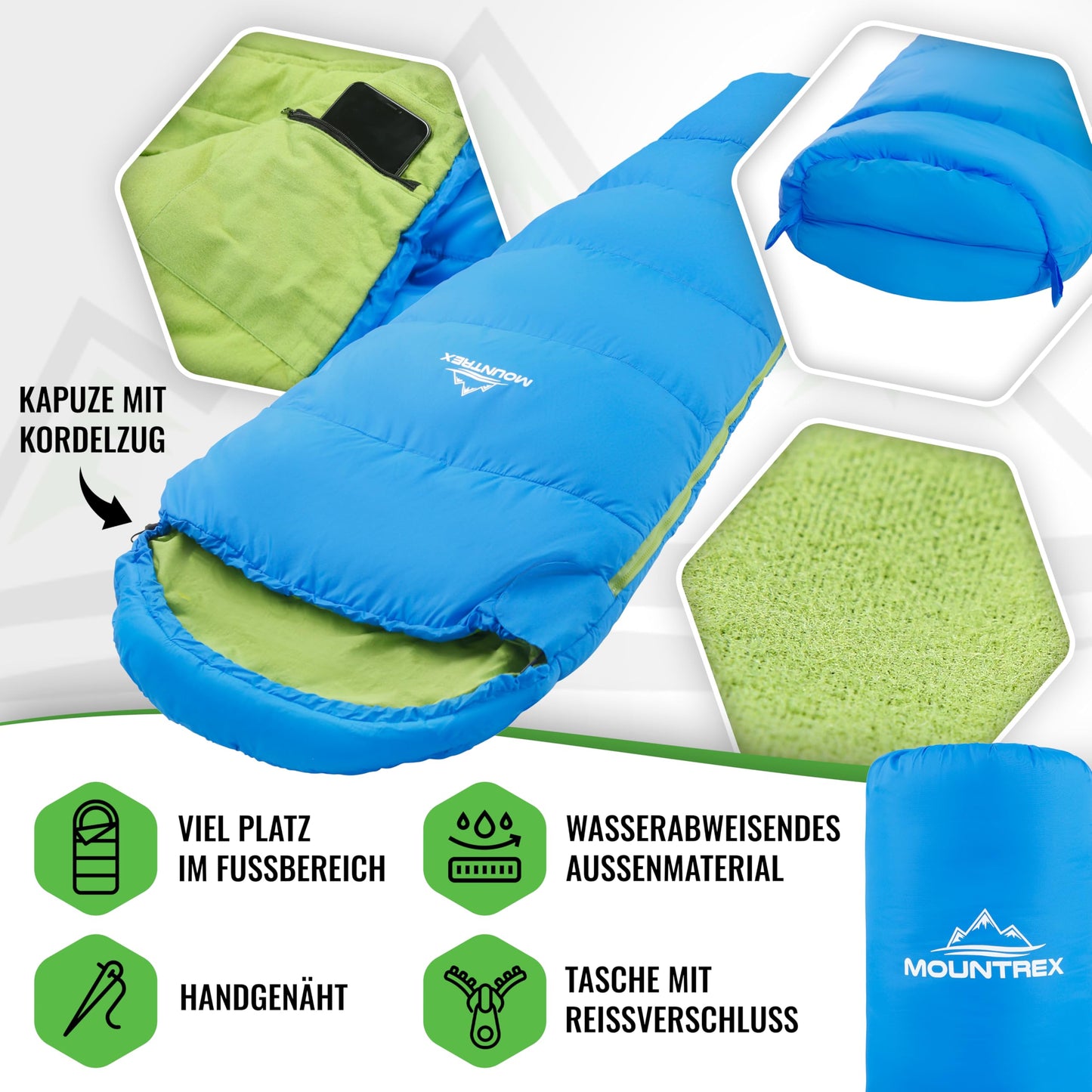 MOUNTREX® Barnsovsäck – bärbar som en ryggsäck – sovsäck för barn (175 x 70 x 45 cm) – utomhus, resor, camping, camping – mumie-sovsäck lätt och kompakt – 100 % bomull foder