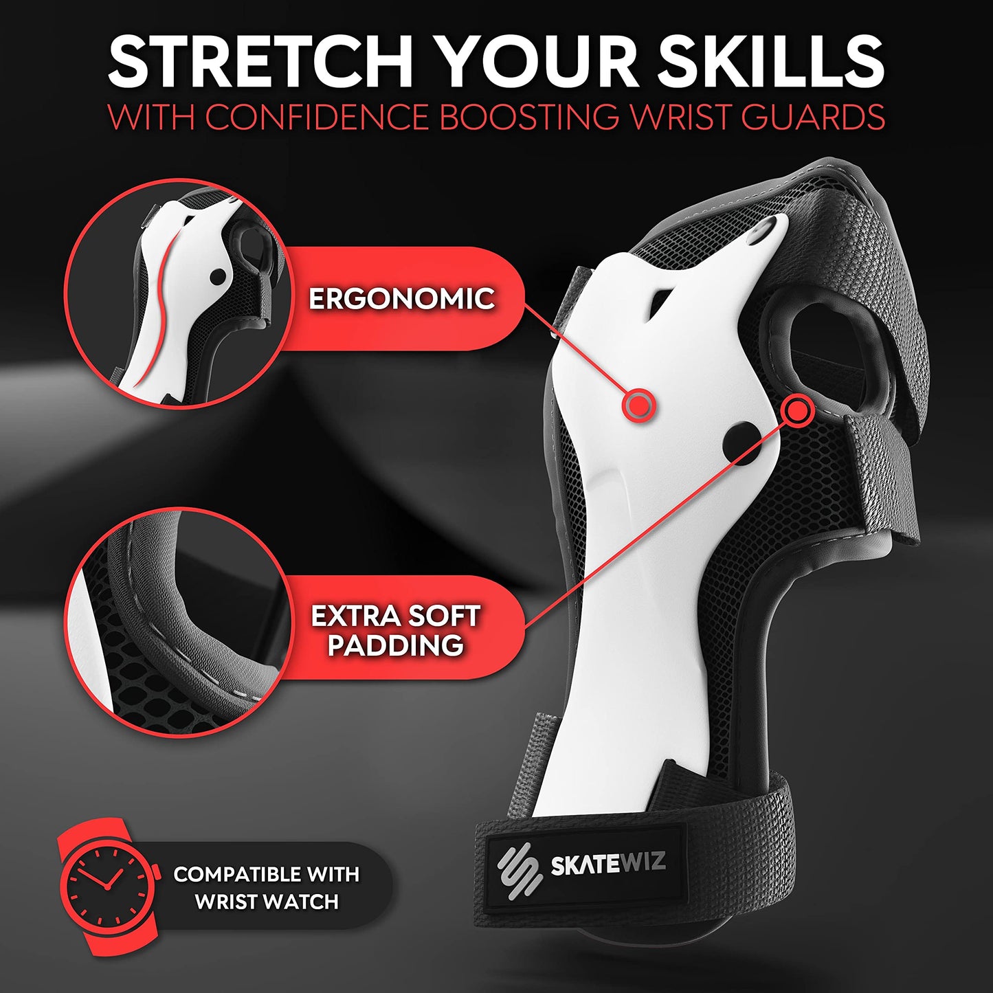 SKATEWIZ Smash Inlinesskydd för barn, knäskydd, handledsskydd, armbågsskydd, skateboardskydd, storlek M/L, svart och vit