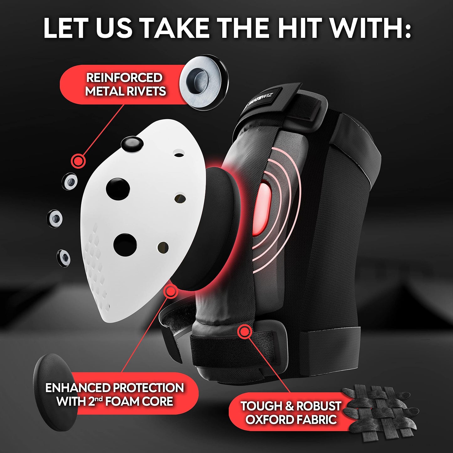 SKATEWIZ Smash Inlinesskydd för barn, knäskydd, handledsskydd, armbågsskydd, skateboardskydd, storlek M/L, svart och vit