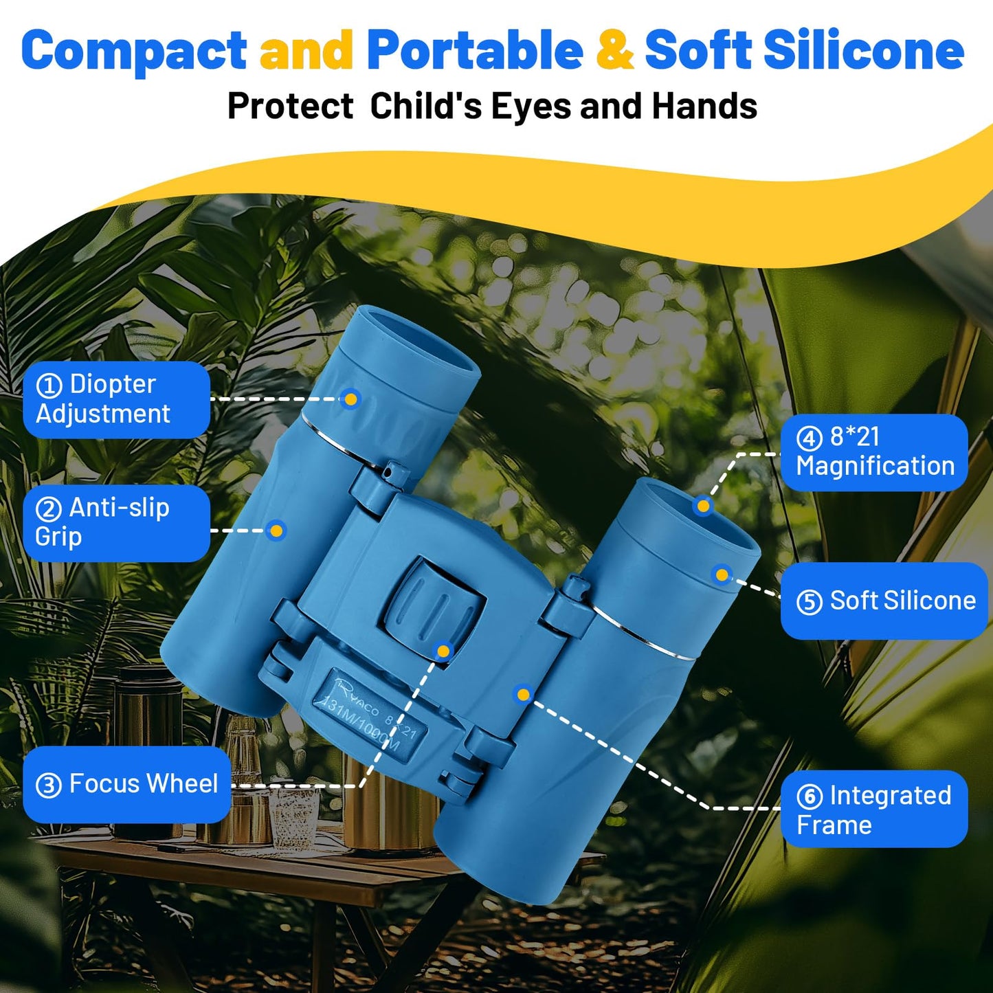 Ryaco Kikare för barn, 8 x 21 stark förstoring liten stötsäker, HD-fältskärare för Nybörjare och amatörer, påskgåva fågelskådning, sightseeing，blå