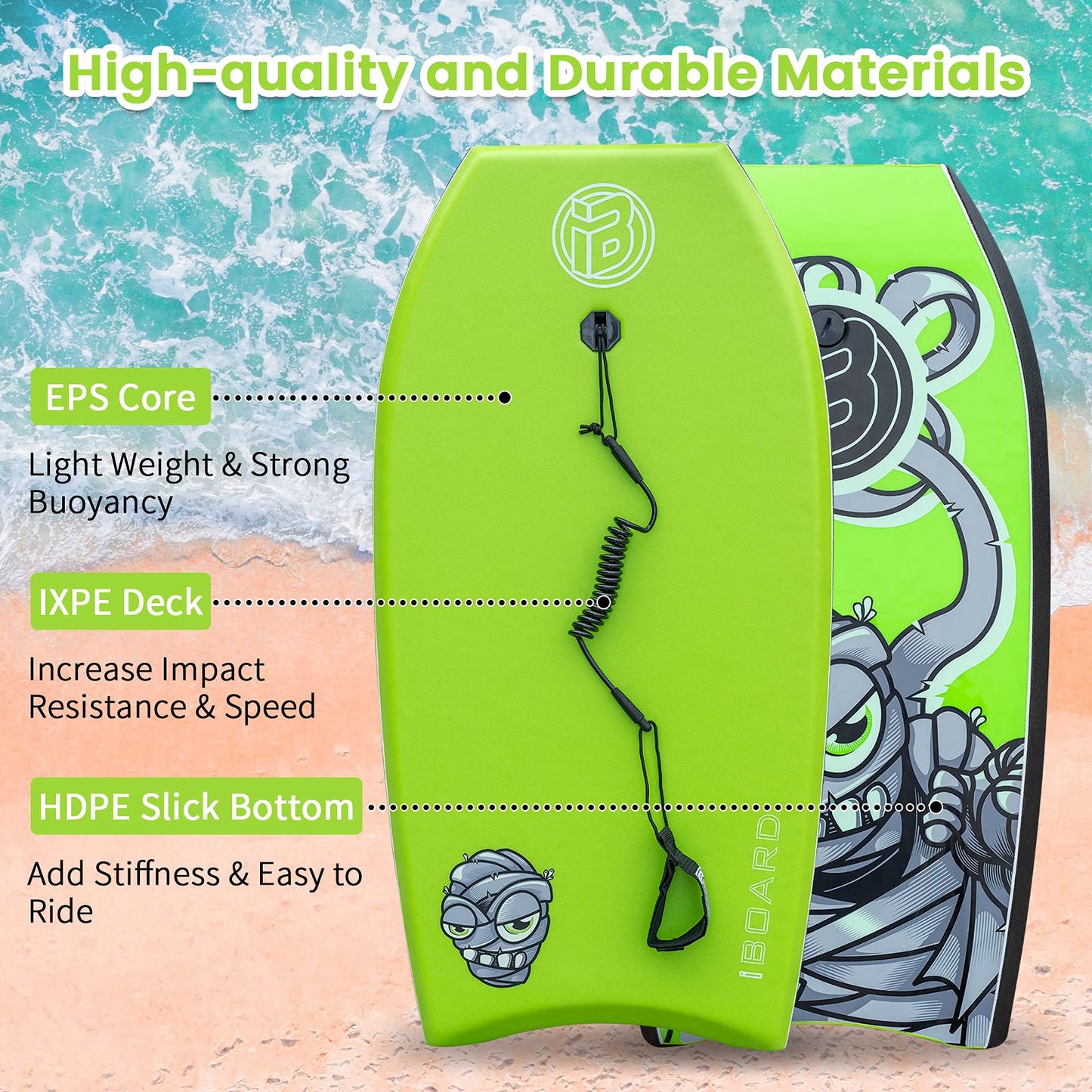 Kroppsbräda, 33 tums lätt bodyboard med EPS-fodral, premiumkoppel och handledsrem surfing