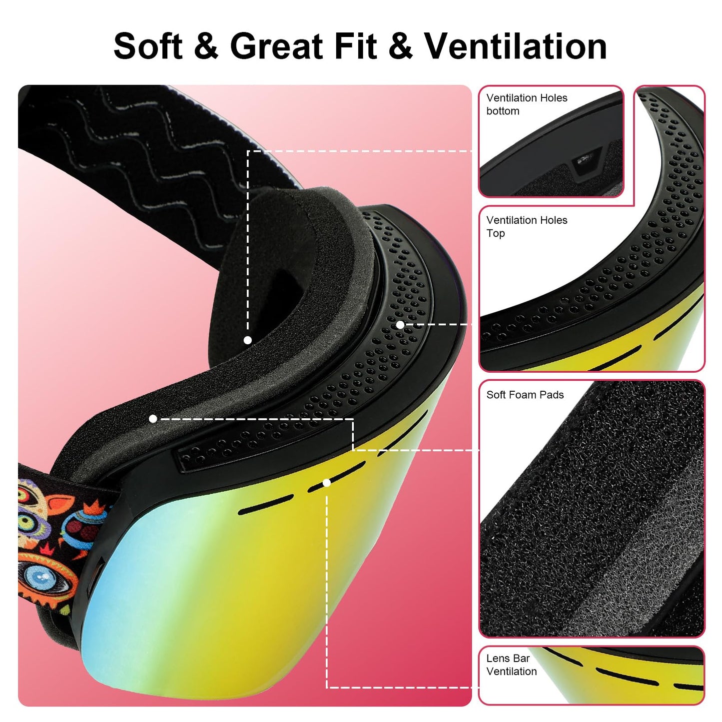 YooxArmor Skidglasögon för barn, anti-dimma snowboardglasögon med dubbla linser för barn 6–14 år, 100 % UV 400-skydd för pojkar och flickor OTG över hjälm kompatibel