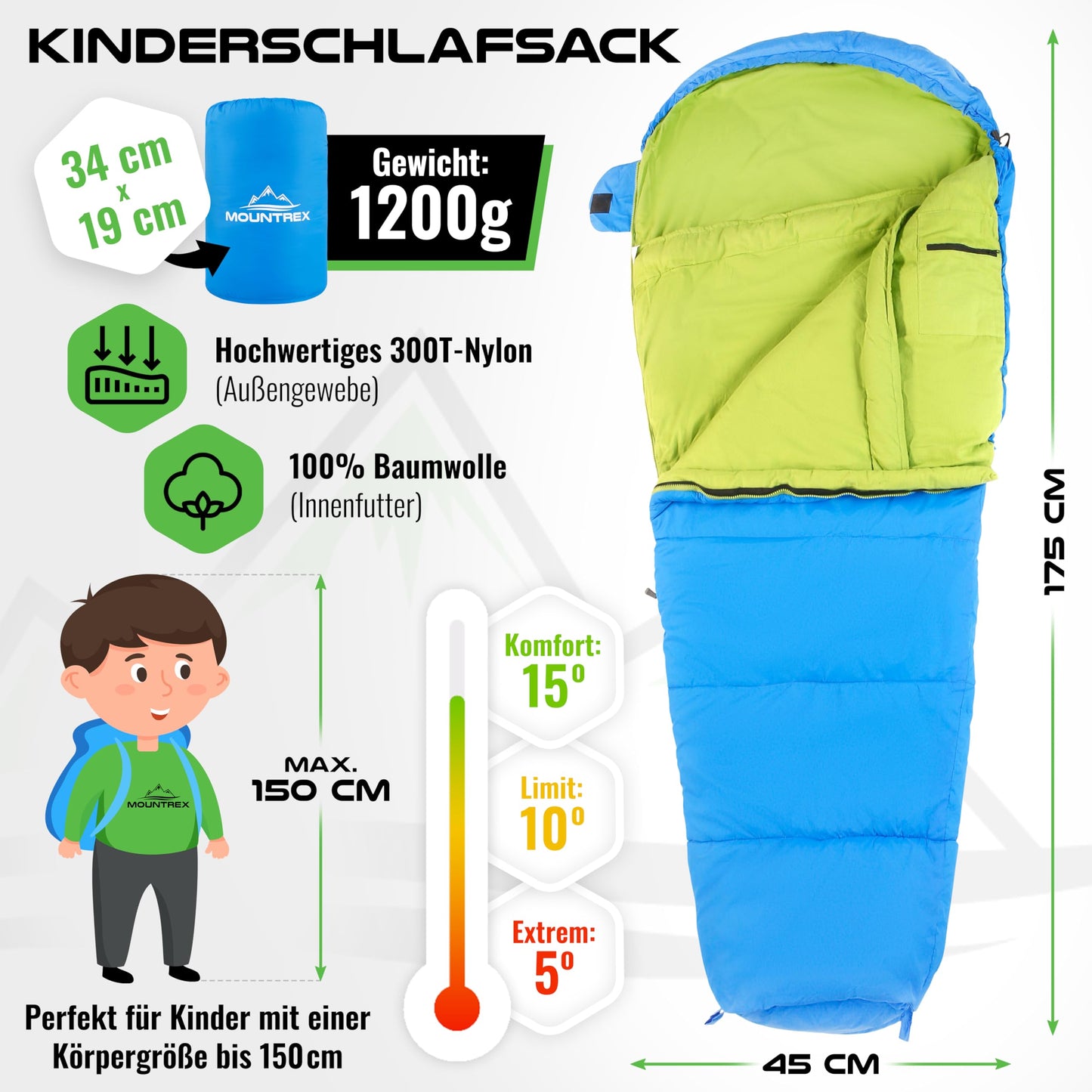 MOUNTREX® Barnsovsäck – bärbar som en ryggsäck – sovsäck för barn (175 x 70 x 45 cm) – utomhus, resor, camping, camping – mumie-sovsäck lätt och kompakt – 100 % bomull foder