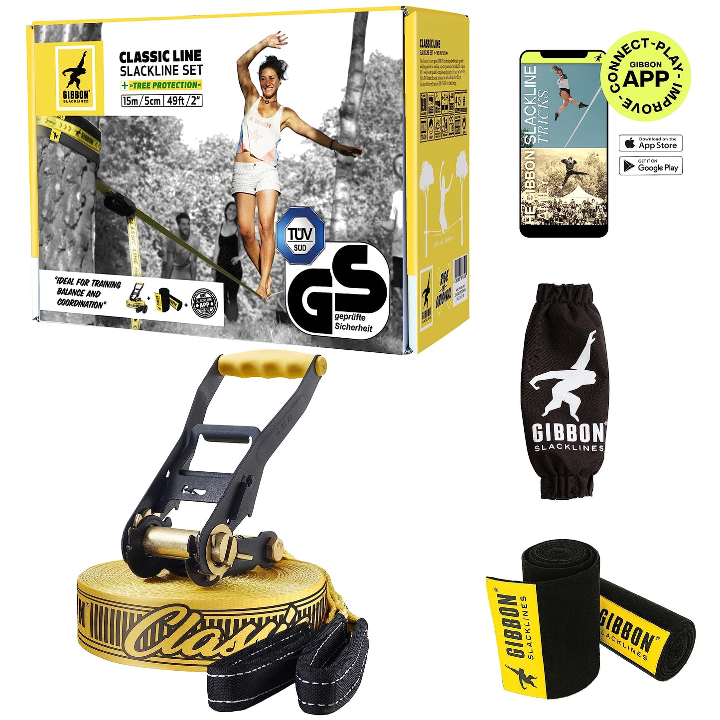 Gibbon Slacklines ClassicLine komplett set inklusive trädskydd | 15 m | TÜV-testad | balan och kul med studsmatteeffekt | Ergonomisk spärrhake | Perfekt för nybörjare och avancerade
