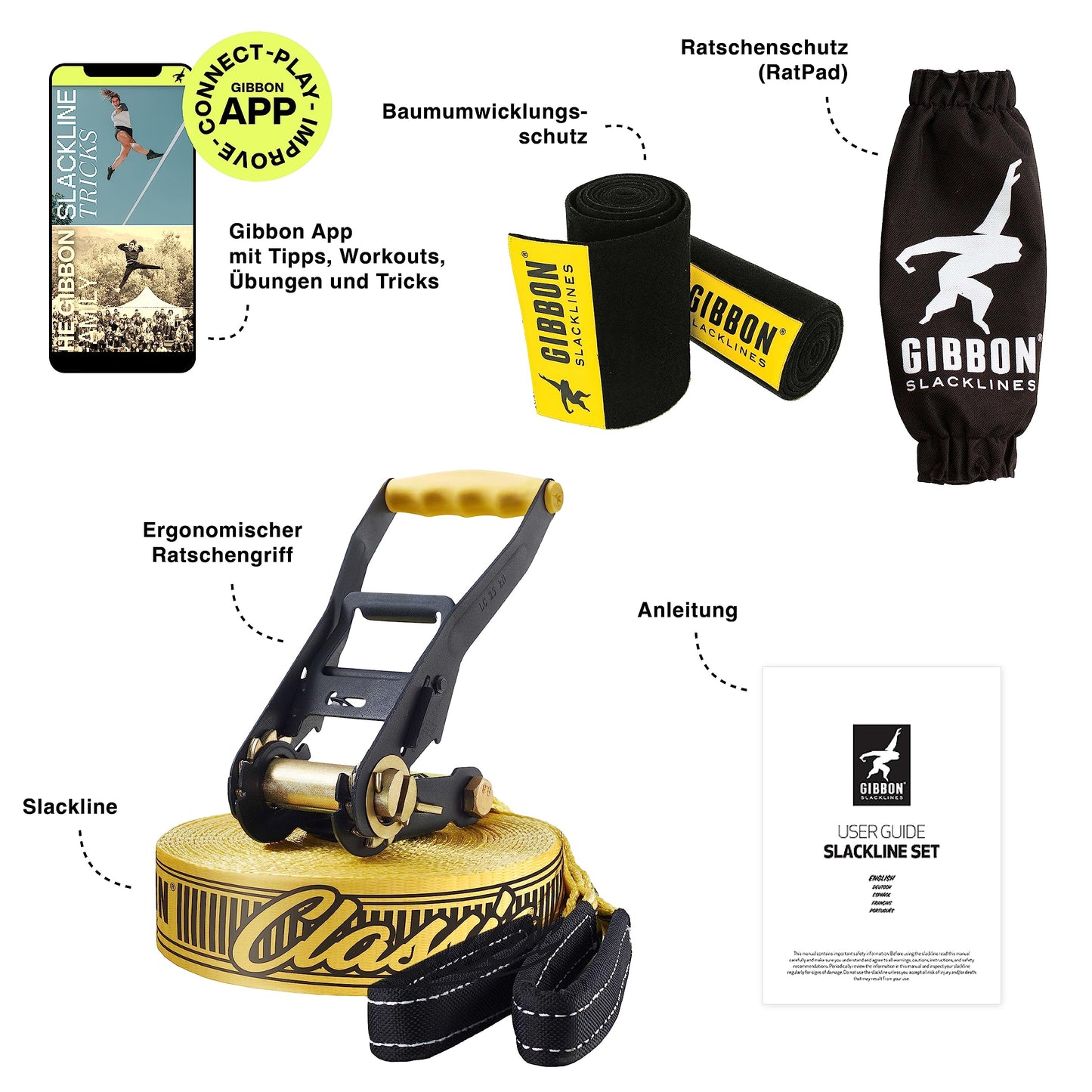 Gibbon Slacklines ClassicLine komplett set inklusive trädskydd | 15 m | TÜV-testad | balan och kul med studsmatteeffekt | Ergonomisk spärrhake | Perfekt för nybörjare och avancerade