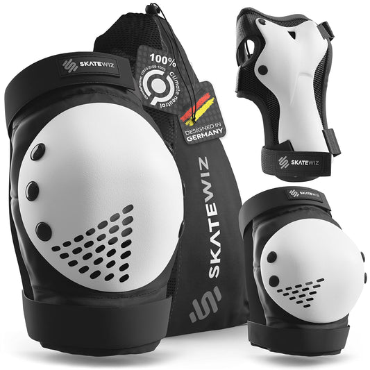 SKATEWIZ Smash Inlinesskydd för barn, knäskydd, handledsskydd, armbågsskydd, skateboardskydd, storlek M/L, svart och vit