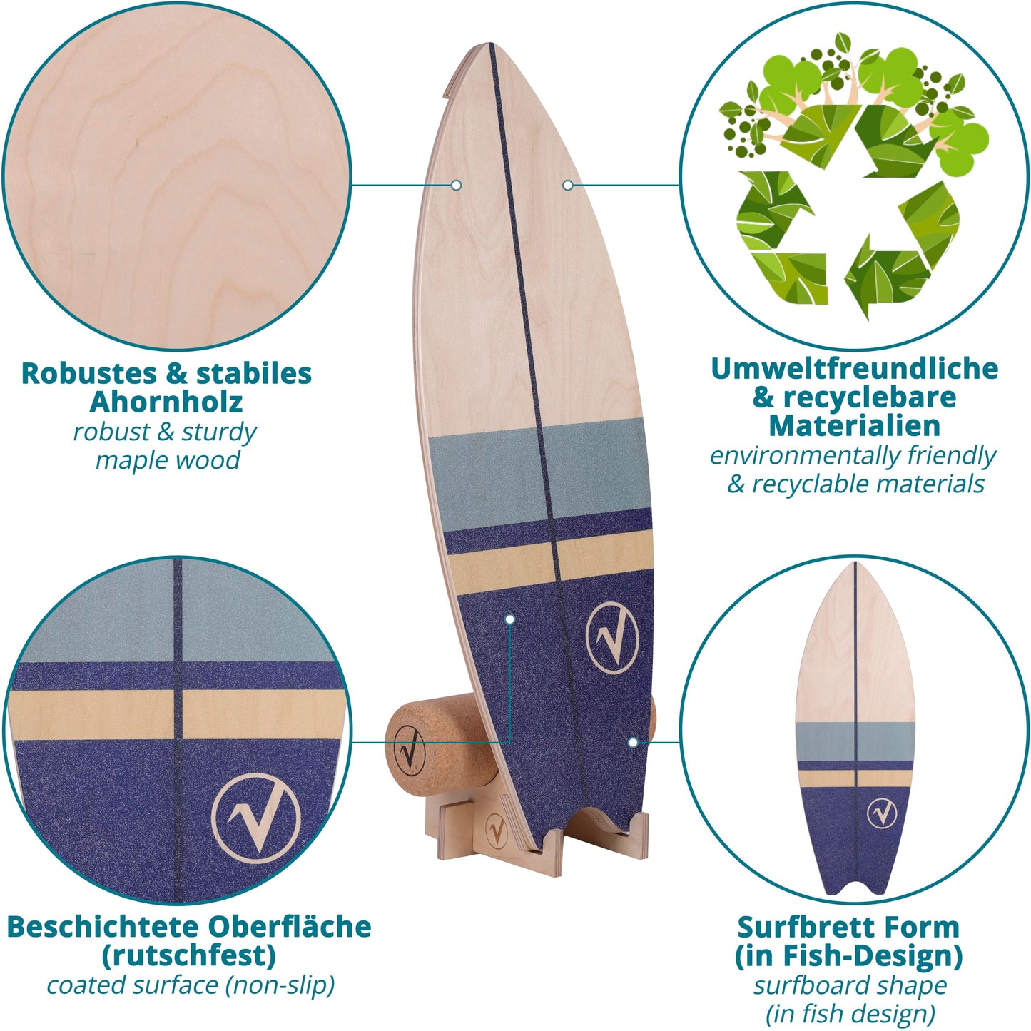 valuents Balansbräda i trä med rulle för neuromuskulär responsträning + mer: stöd